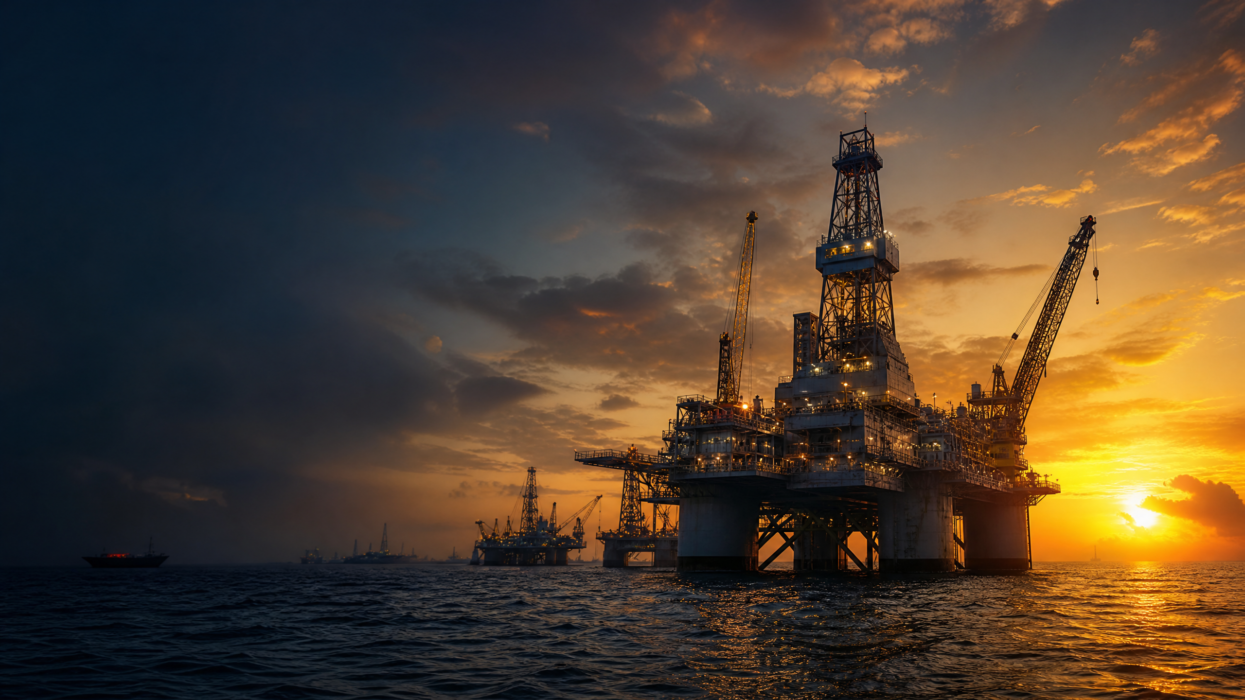 Offshore oil rig at sunset