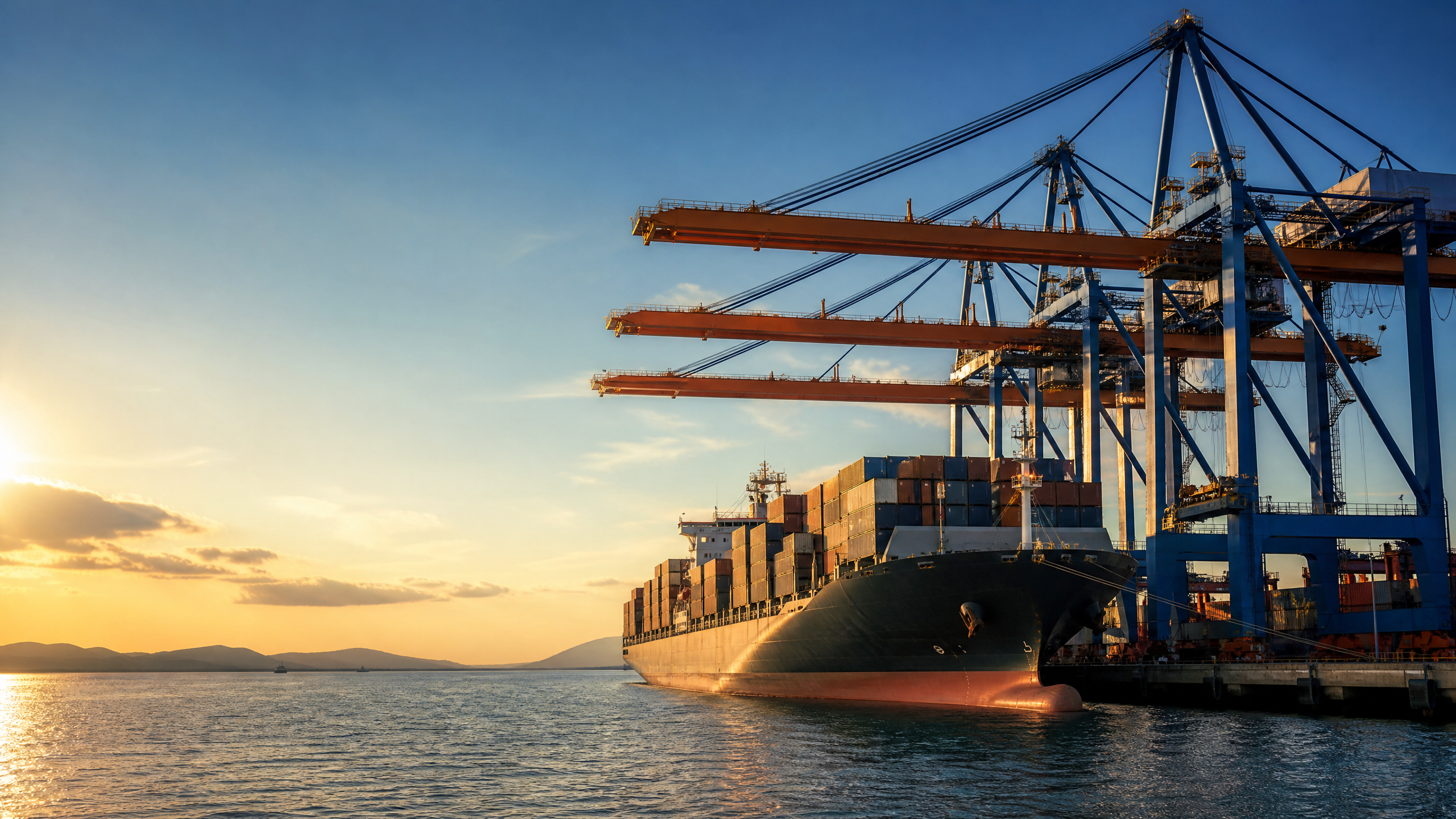 Container ship at a port during import-export operations