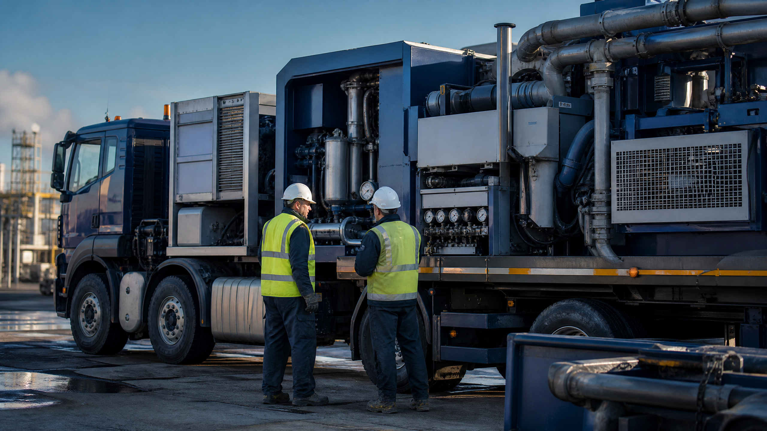 Engineers commissioning a truck-mounted cementing unit